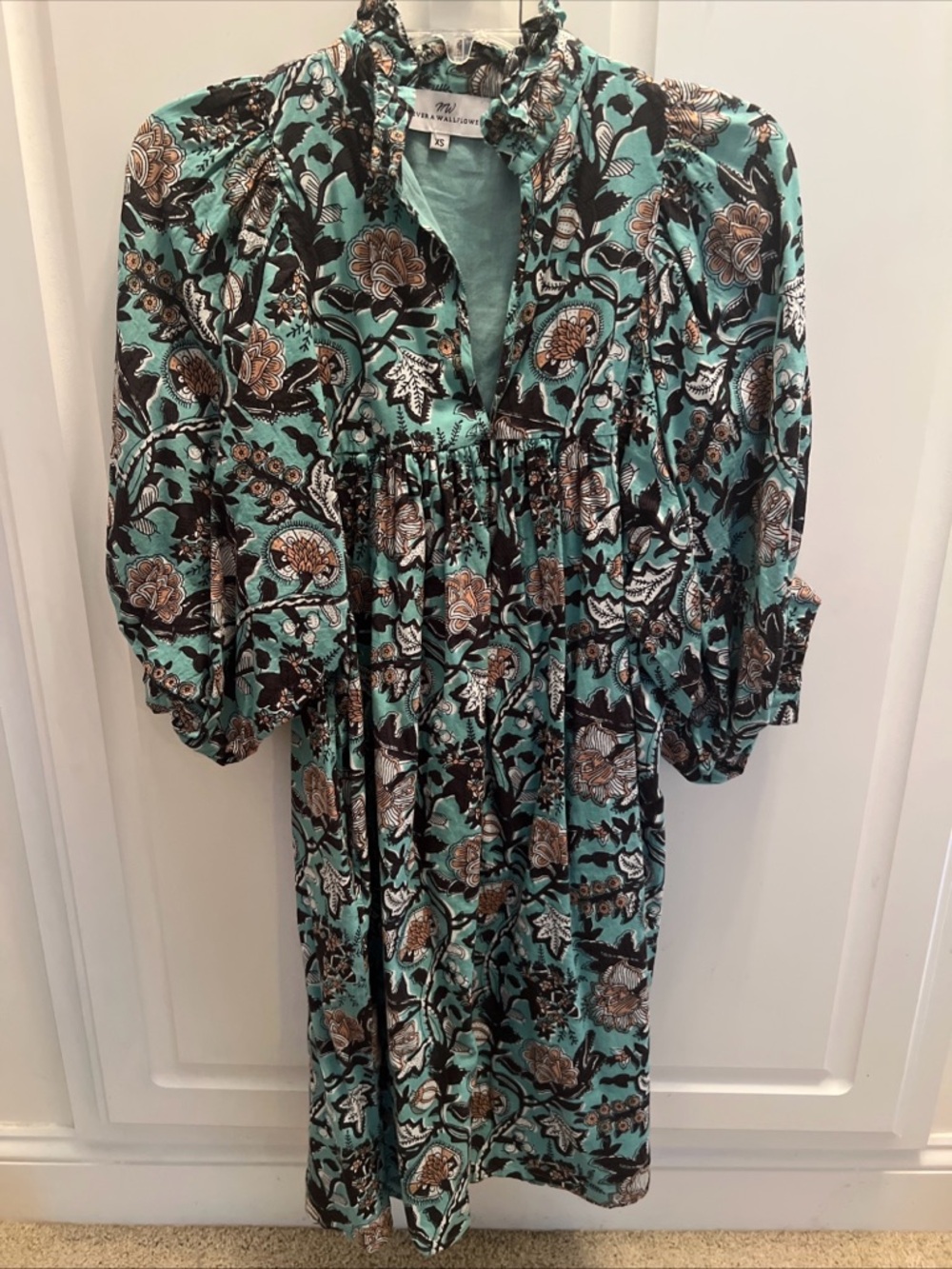 Never A Wallflower High Neck Blue Floral Poplin Cotton Dress XS Puff Sleeves